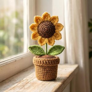 handmade crochet sunflower with pot – artificial knitted flower decoration for office desk, home, bedroom & car dashboard | cute mini table décor gift for friends & loved ones (pack of 1)