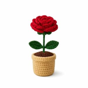 crochet rose pot handmade flower plant for home decor | knitted wool red rose in pot | cute desk table decoration | birthday gift for girls, women | office & room decorative item