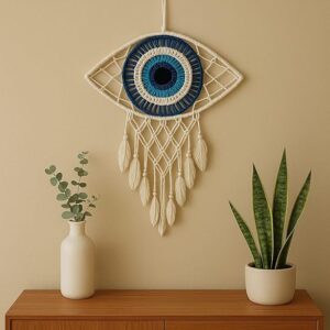 handmade macrame dream catcher wall hanging – 8 inch width, round crochet design with feathers & beads – boho wall decor for bedroom, living room, nursery, office (eye shaped)