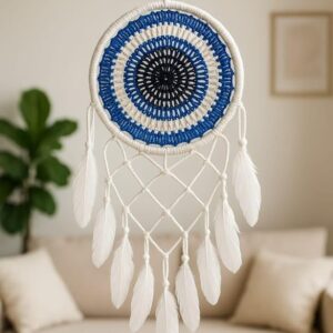 handmade macrame dream catcher wall hanging – 8 inch width, round crochet design with feathers & beads – boho wall decor for bedroom, living room, nursery, office (evil eye)