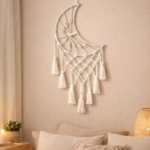 handmade macrame dream catcher wall hanging – 8 inch width, round crochet design with feathers & beads – boho wall decor for bedroom, living room, nursery, office (half moon)