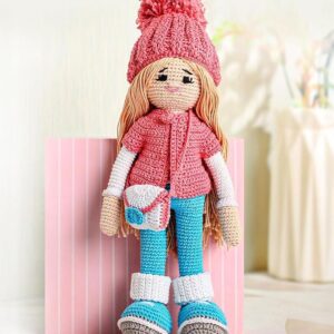 premium crochet doll with bag for girls & boys, cute knitted cotton doll for babies, baby doll for kids, soft toys, 6+ months, birthday gift, height 27 cm, pink & blue
