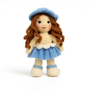 handmade crochet doll girl with curly hair & blue hat | knitted soft plush doll for girls, kids & nursery décor | cute handmade birthday gift