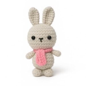 handmade crochet bunny plush toy with pink scarf | knitted soft rabbit stuffed animal for babies, kids & nursery décor | cute handmade baby shower & birthday gift