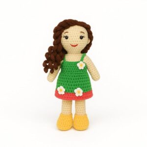 handmade crochet doll with green dress & flowers | amigurumi wool plush toy | soft gift for kids, nursery & home décor