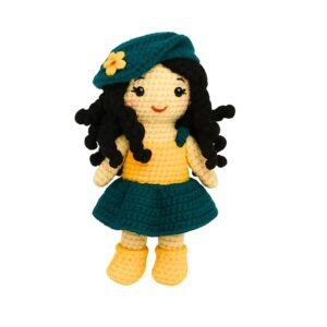 handmade crochet doll in yellow & teal dress with cap | wool amigurumi plush toy | soft handmade gift for kids, nursery & home décor