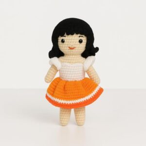 handmade crochet doll in orange & white dress | wool amigurumi soft toy | handmade gift for kids, nursery & home décor