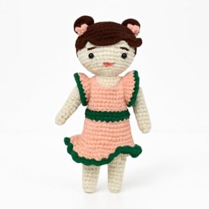 handmade crochet doll in peach & green dress | wool amigurumi soft toy | handmade gift for kids, nursery & home décor