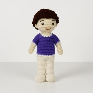 handmade crochet boy doll in purple top & white pants | wool amigurumi plush toy | soft handmade gift for kids, nursery & home décor