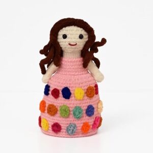 handmade crochet doll in pink rainbow dress | wool amigurumi soft toy | colorful handmade gift for kids, nursery & home décor