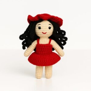 handmade crochet doll for girls 3 10 years | amigurumi soft toy in red dress with hat | washable, handcrafted plush doll | perfect birthday & baby shower gift