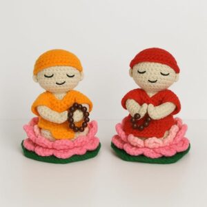 hand knitted buddha monk set | elegant red & yellow stuffed amigurumi | peaceful woolen buddha monk toy gift for baby girls & boys