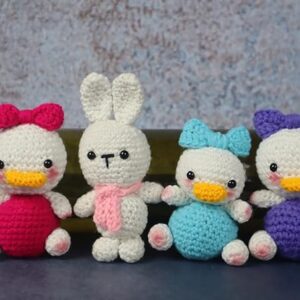 crochet family toy set | stuffed animal cute family toys| one bunny rabbit & three daisy duck toy set for kids and gift purpose | soft toys for baby girl & boy